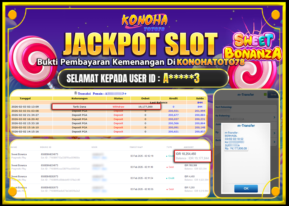 KONOHATOTO78 JACKPOT SWEET BONANZA  Rp.19.177.000,- LUNAS